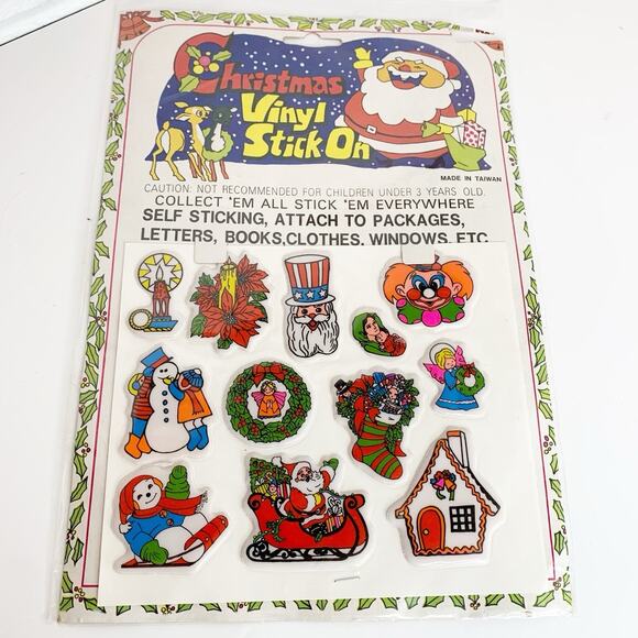 Vintage Christmas Vinyl Stick On Puffy Stickers Made in Taiwan 12 Count NOS - Picture 1 of 5